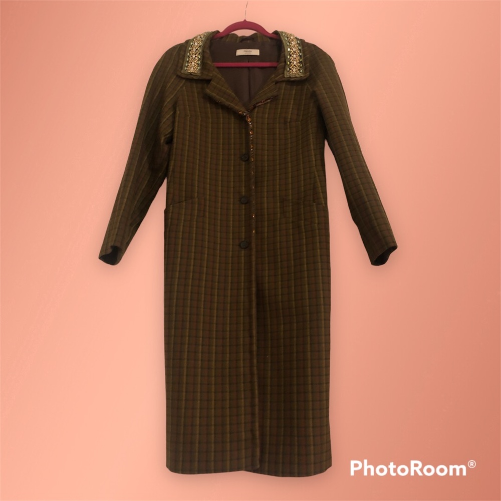 Prada Plaid Wool Coat w Crystal Bead Embellishment